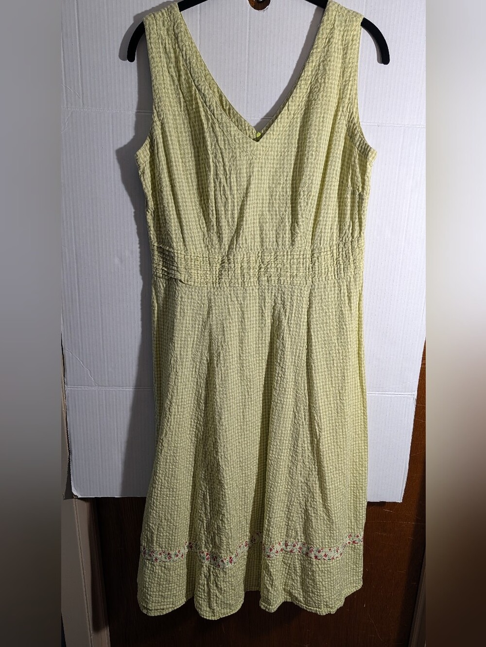 April Cornell Yellow Cotton Seersucker Floral Trim Dress Boho Size L